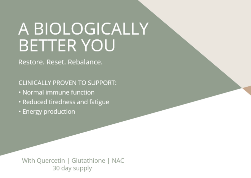Promotional image for 'A Biologically Better You' featuring a supplement bundle with text highlighting reduced fatigue, improved energy production, and support for the immune system. Brands and logos are visible.