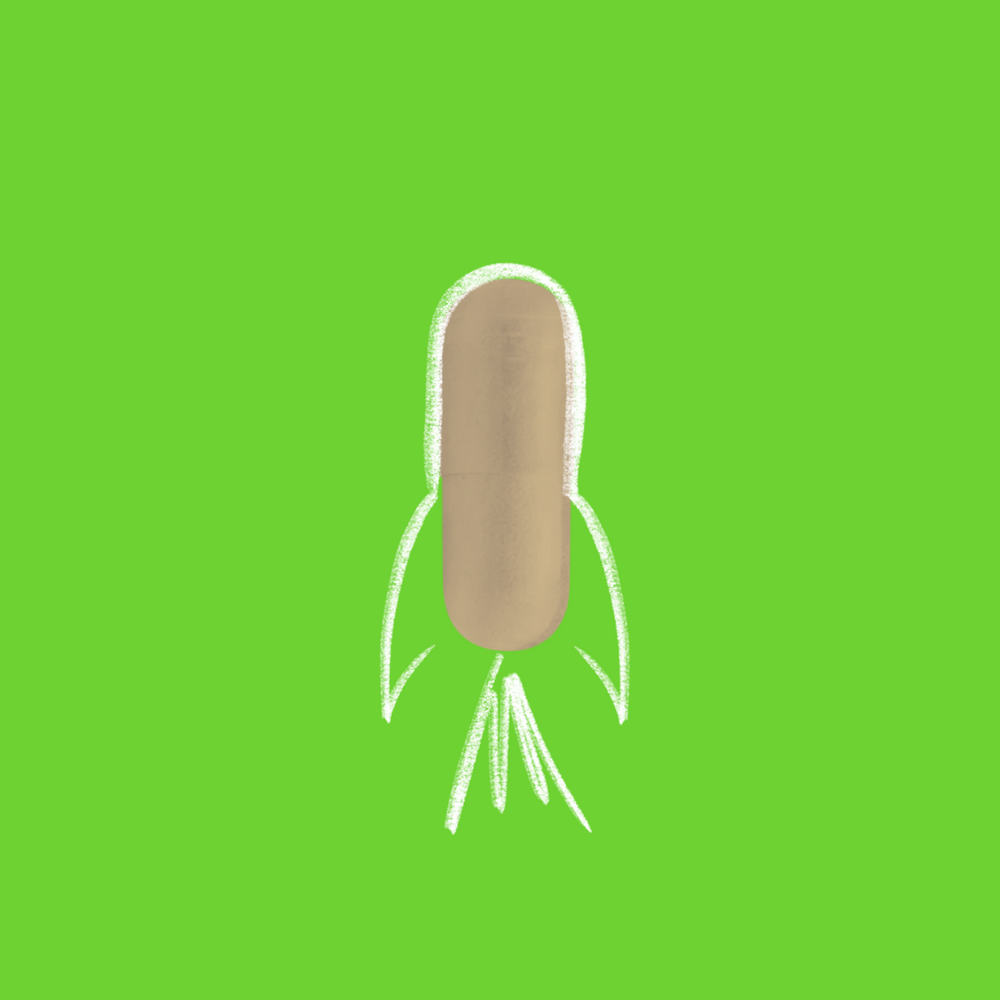Capsule of ashwagandha and astragalus with chalk-drawn rocket fins on a vivid green background, conveying the powerful natural boost these herbal supplements provide.