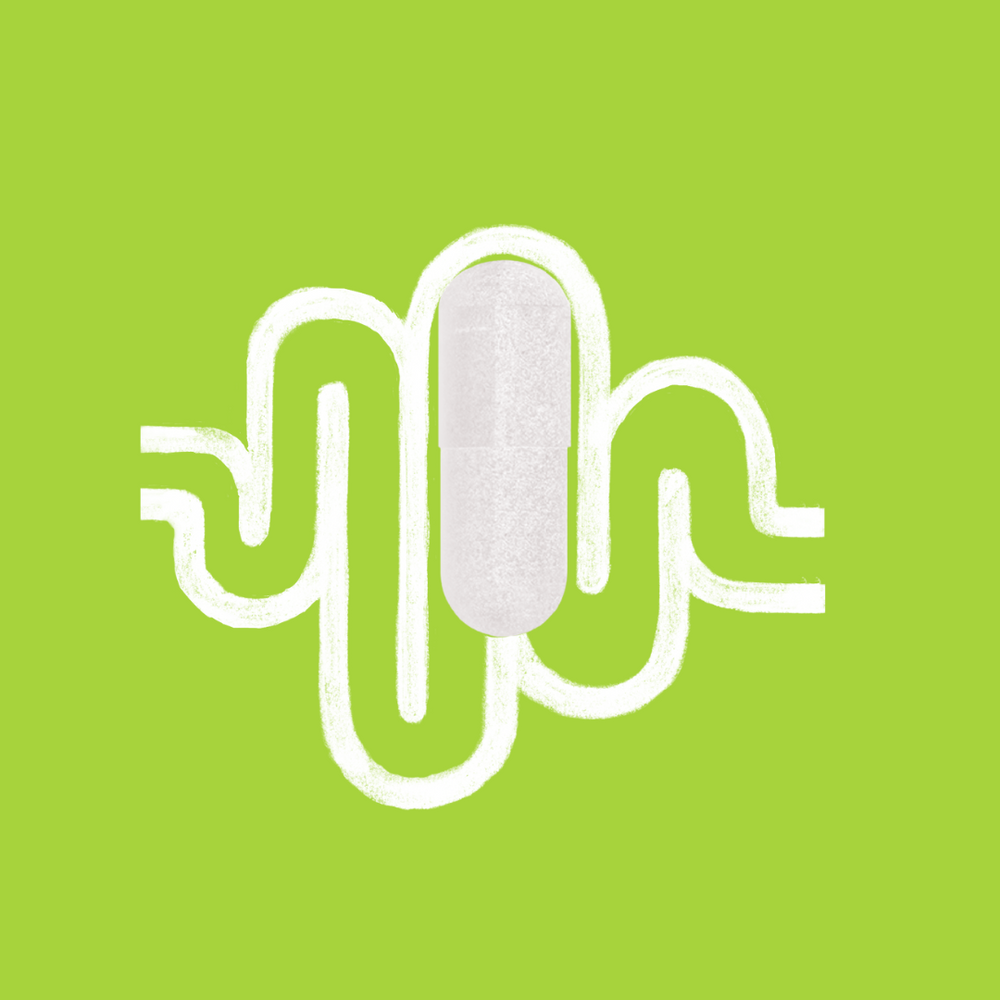 White betaine HCL capsule with chalk-like lines suggesting a gastrointestinal tract on a bright green background, symbolizing digestive health support.