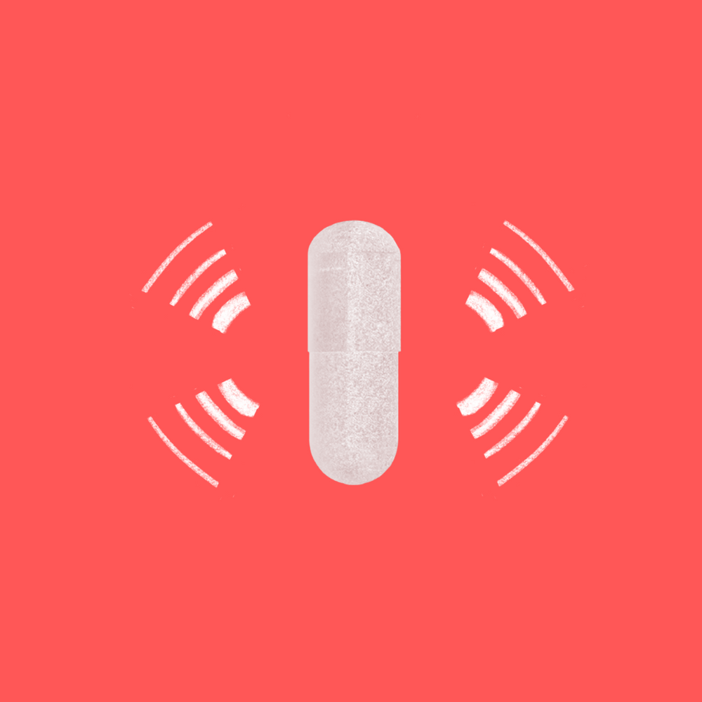 White Boswellia capsule in the center with abstract chalk-drawn sound waves on a coral background, suggesting the supplement's impact on joint health and inflammation.