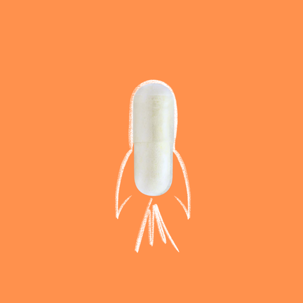 A graphic image of a white capsule with an outline of a rocket sketched around it on an orange background, evoking a sense of energy or boost,  representing citicoline supplements known for cognitive enhancement.