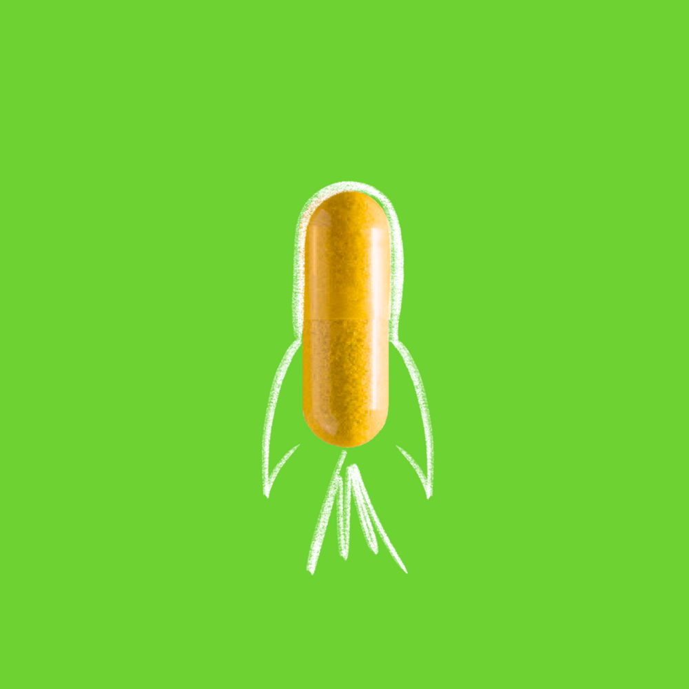 Creative depiction of a CoQ10 300mg capsule designed as a rocket on a vivid green background, symbolizing high-energy dietary supplementation.