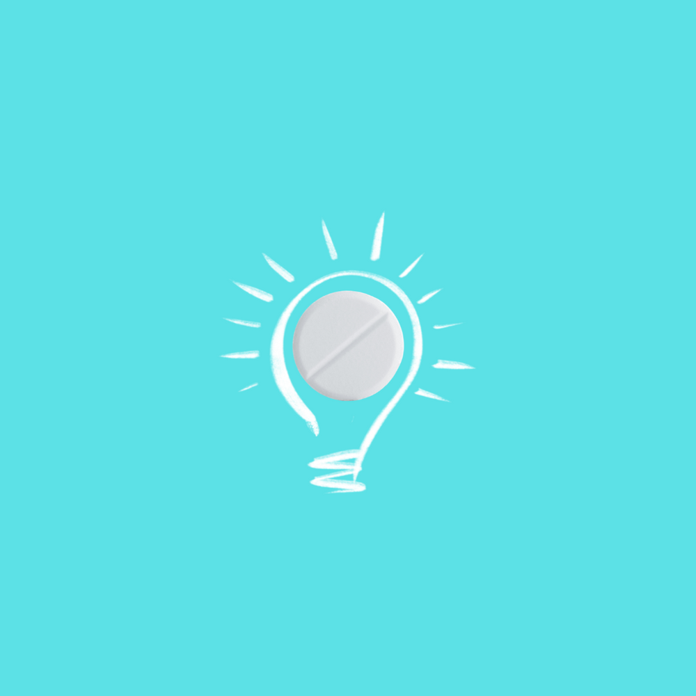 Creative representation of a white folate tablet within a light bulb sketch on a turquoise background, symbolizing brain support.