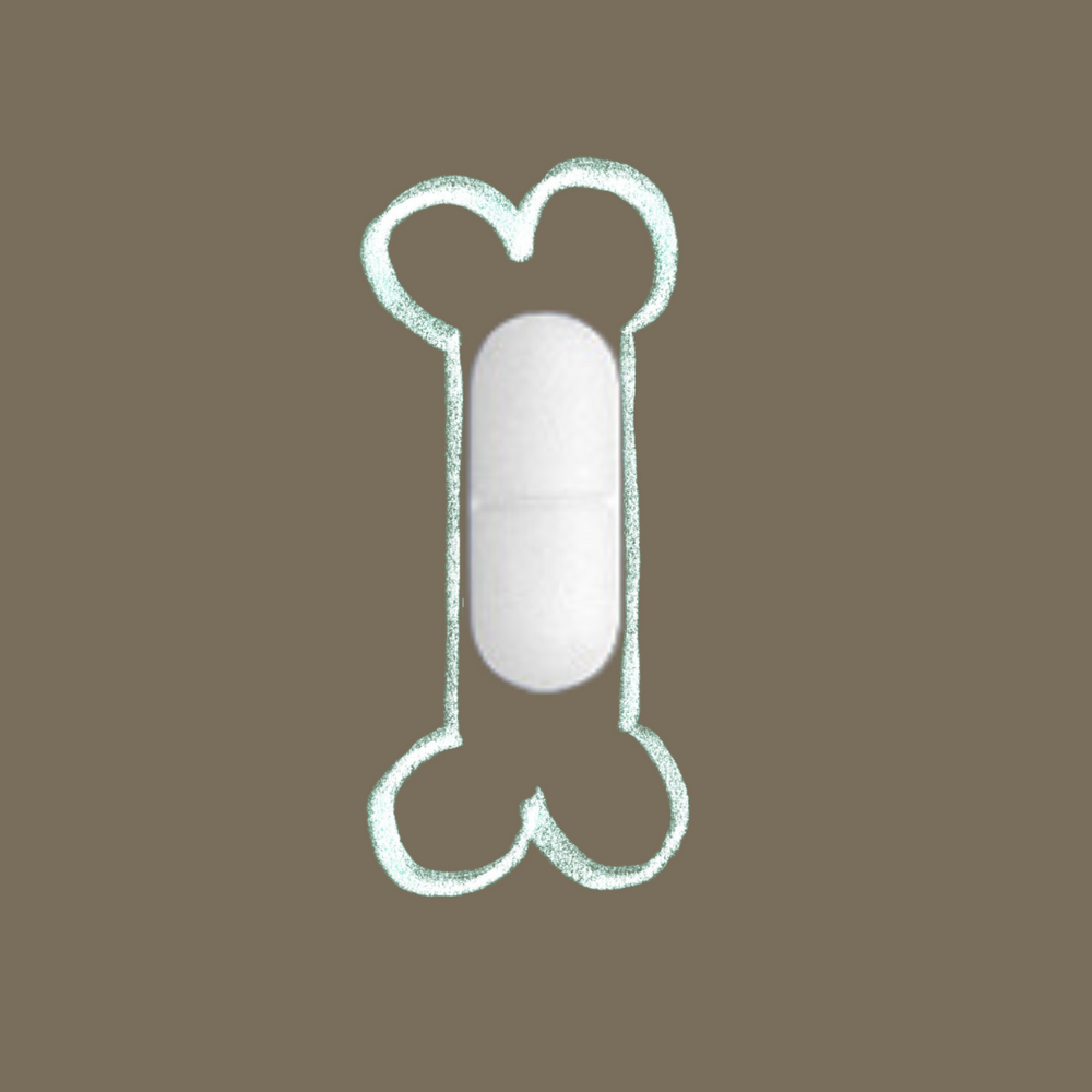 Conceptual image of a white glucosamine and chondroitin capsule with a Vitamin C molecule structure illustration encircling it, with a bone chalk drawing against a muted brown background, symbolizing joint support and antioxidant benefits.