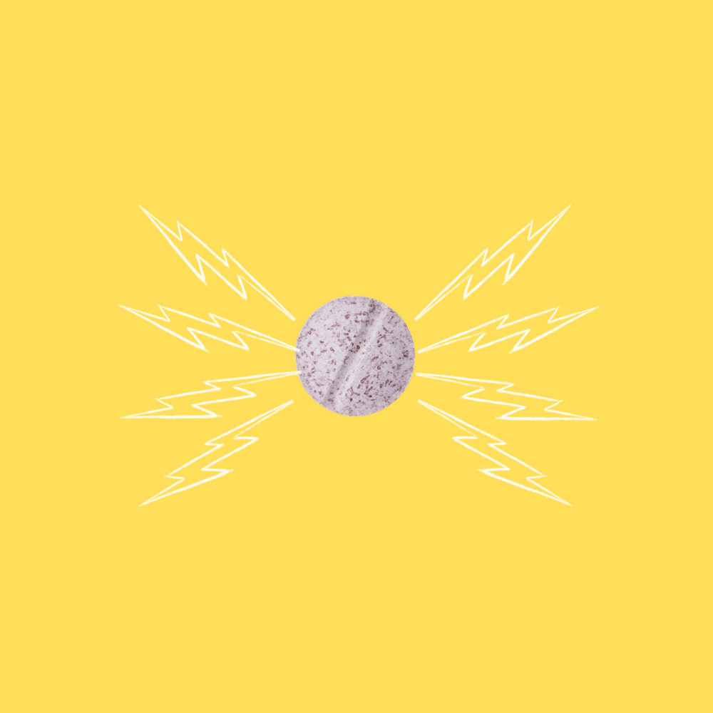 Graphic design featuring a speckled tablet representing an iron-zinc complex, centered with white, lightning bolts radiating outward on a bright yellow background, symbolizing energy and immune system support.