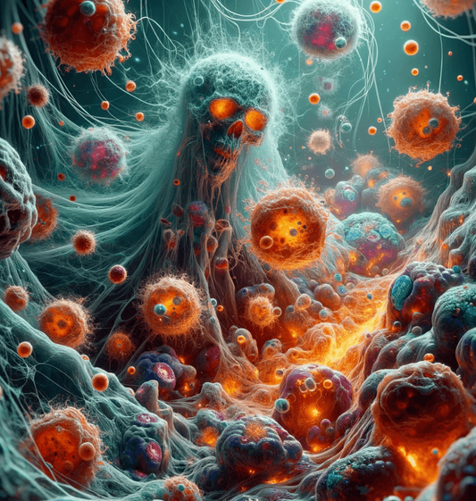 An artistic representation of senescent cells, visualized as 'zombie cells' in a human body. The cells are depicted with a eerie, ghost-like appearance