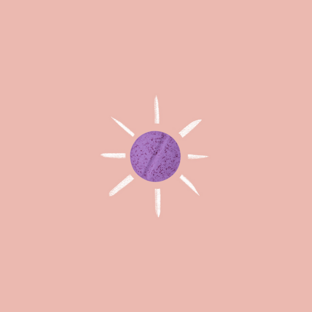 A single purple astaxanthin pill illustrated as the center of a shining sun on a pale pink background, highlighting the supplement's potent antioxidant properties.