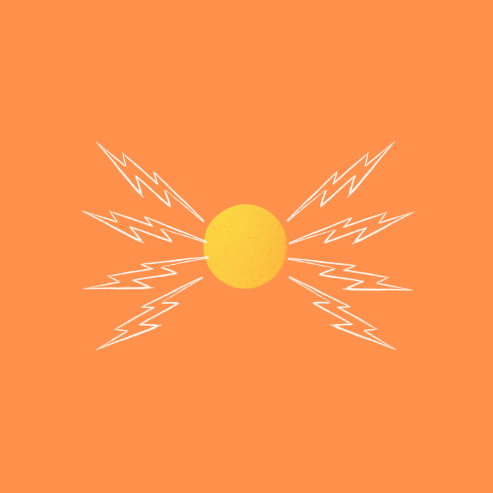 Bright yellow B-complex vitamin pill depicted as the sun with radiant beams on a warm orange background, symbolizing balance and vitality.