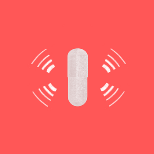 White Boswellia capsule in the center with abstract chalk-drawn sound waves on a coral background, suggesting the supplement's impact on joint health and inflammation.