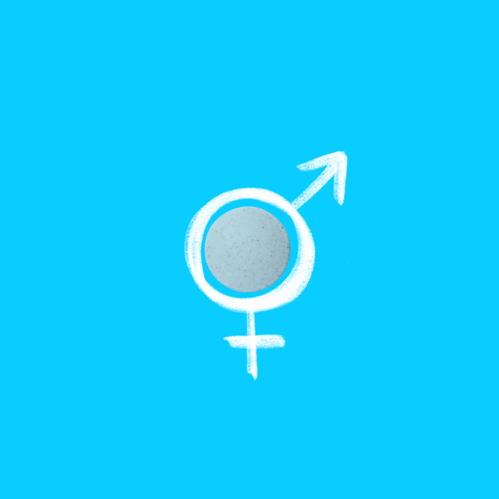 Illustration of a gender equality symbol combining the male and female signs with a blue copper tablet against a bright blue background.