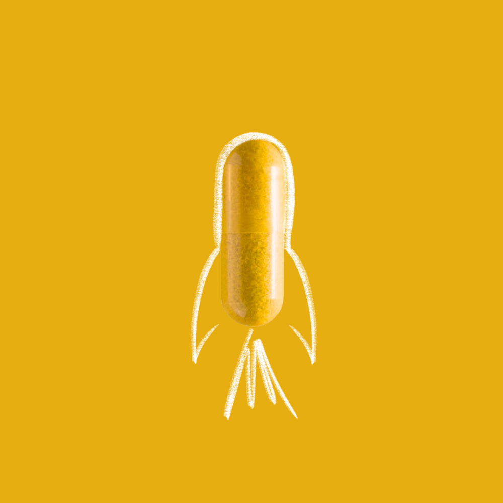 Illustration of a golden capsule resembling a rocket with spark trails on a vibrant yellow background, highlighting the concept of CoQ10 100mg supplements for energy.