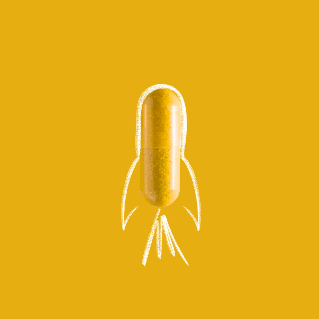 Illustration of a golden capsule resembling a rocket with spark trails on a vibrant yellow background, highlighting the concept of CoQ10 100mg supplements for energy.