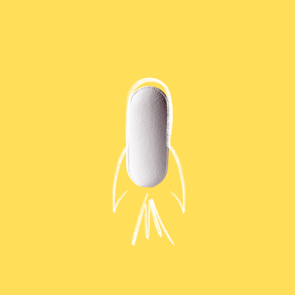 Creative illustration of a white cordyceps mushroom supplement capsule with stylized rocket launch trails, set against a bright yellow background, emphasizing the supplement's potential for boosting energy and stamina.