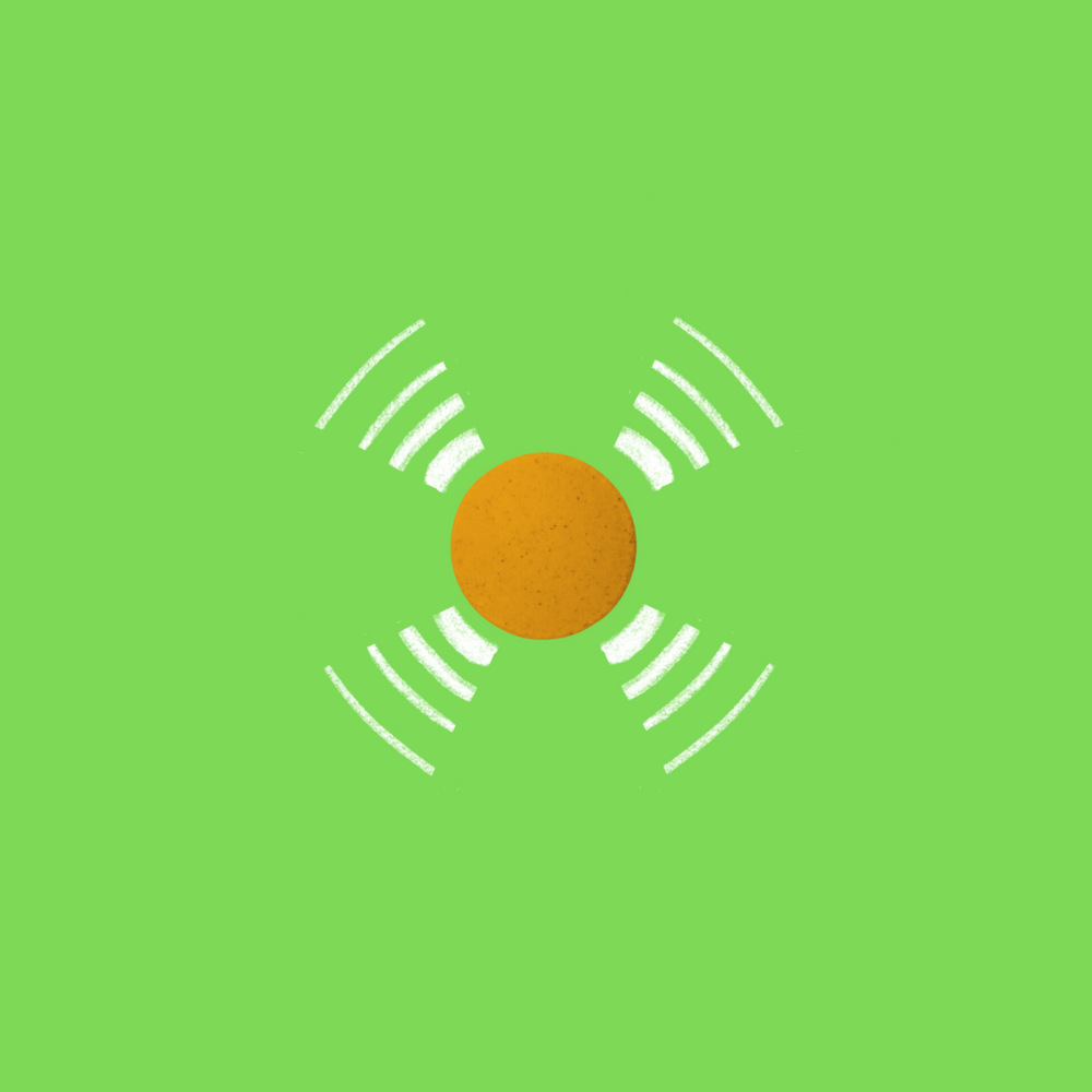 Minimalist illustration of a vibrant orange turmeric tablet centered on a lively green background, with white radiating lines symbolizing the anti-inflammatory and antioxidant properties of the supplement.