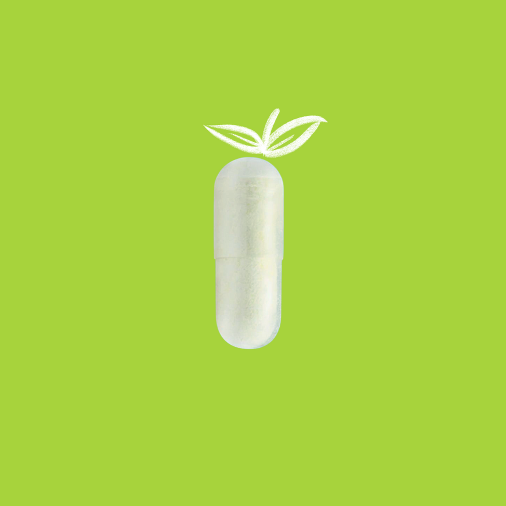 Illustration of a white capsule with green leaf details on a bright green background, representing a natural or herbal supplement of calcium d-glucarate.