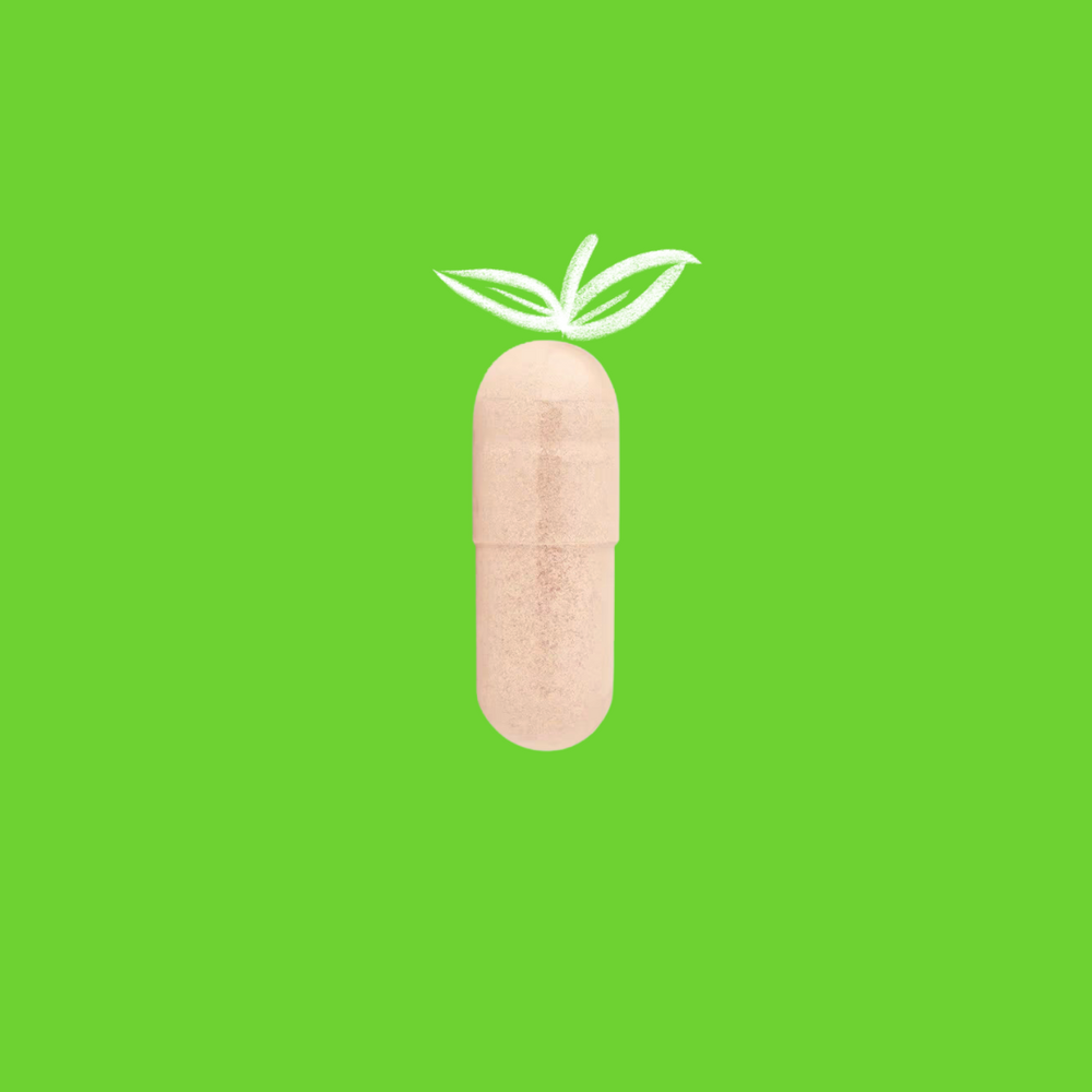 Illustrative design of a beige DIM (Diindolylmethane) supplement capsule with leafy sprout embellishments on top, set against a fresh green background, suggesting the natural origins and health benefits of the supplement.