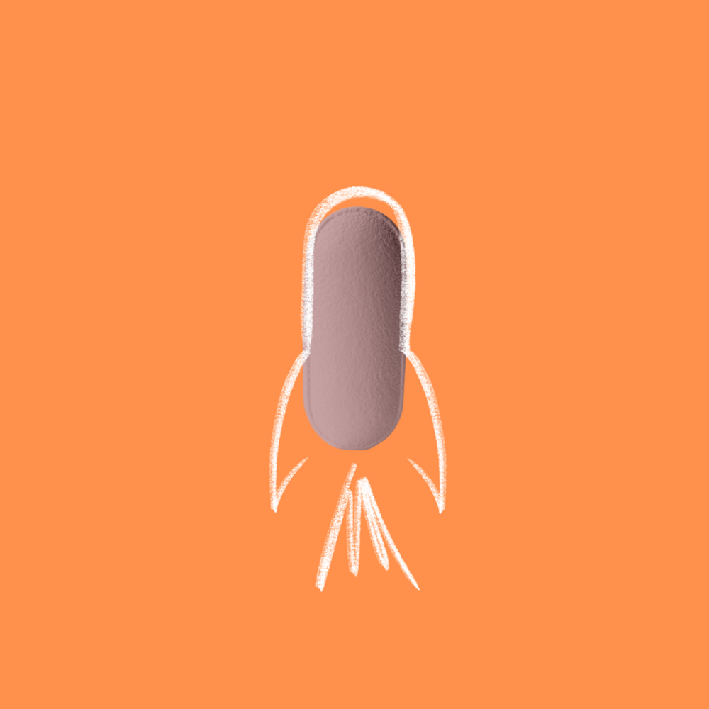 Image of a vitamin supplement, complete with dynamic white lines representing a flying rocket on a warm orange background.