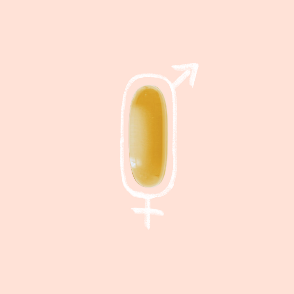 Simplified graphic of a golden GLA (Gamma-Linolenic Acid) supplement capsule, with a gender symbol loop encircling it, set against a pastel pink background.