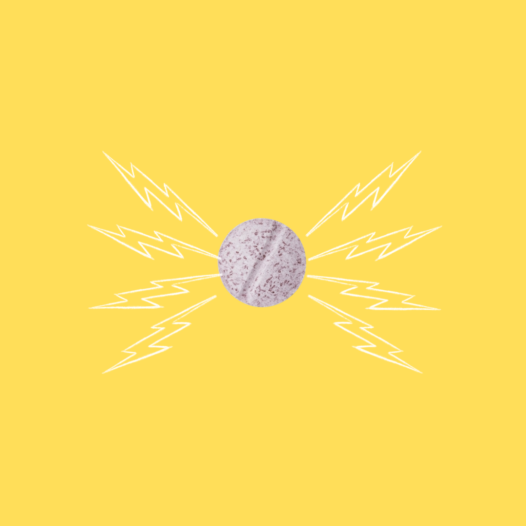 Graphic design featuring a speckled tablet representing an iron-zinc complex, centered with white, lightning bolts radiating outward on a bright yellow background, symbolizing energy and immune system support.