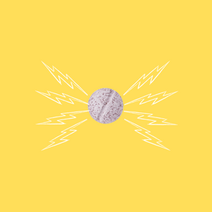 Graphic design featuring a speckled tablet representing an iron-zinc complex, centered with white, lightning bolts radiating outward on a bright yellow background, symbolizing energy and immune system support.