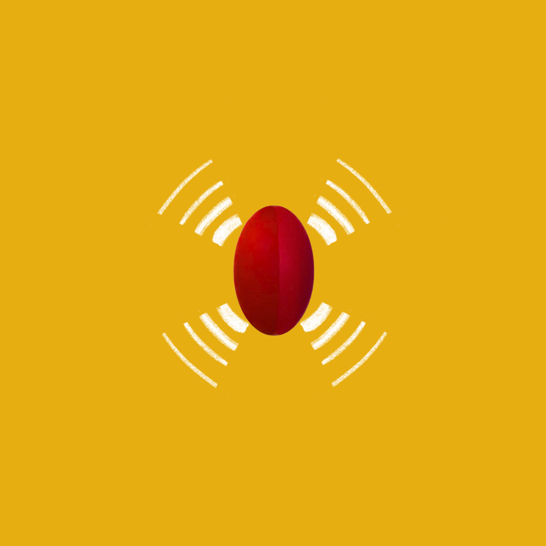 A vibrant red krill oil capsule is centered against a mustard yellow background, with white lines radiating outwards, representing the high omega-3 content known for supporting cardiovascular and joint health.