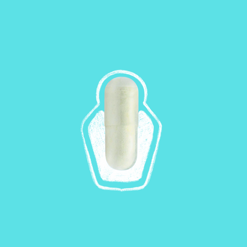White L-carnitine capsule centered on a soft turquoise background with a chalk-like outline representing weight scale