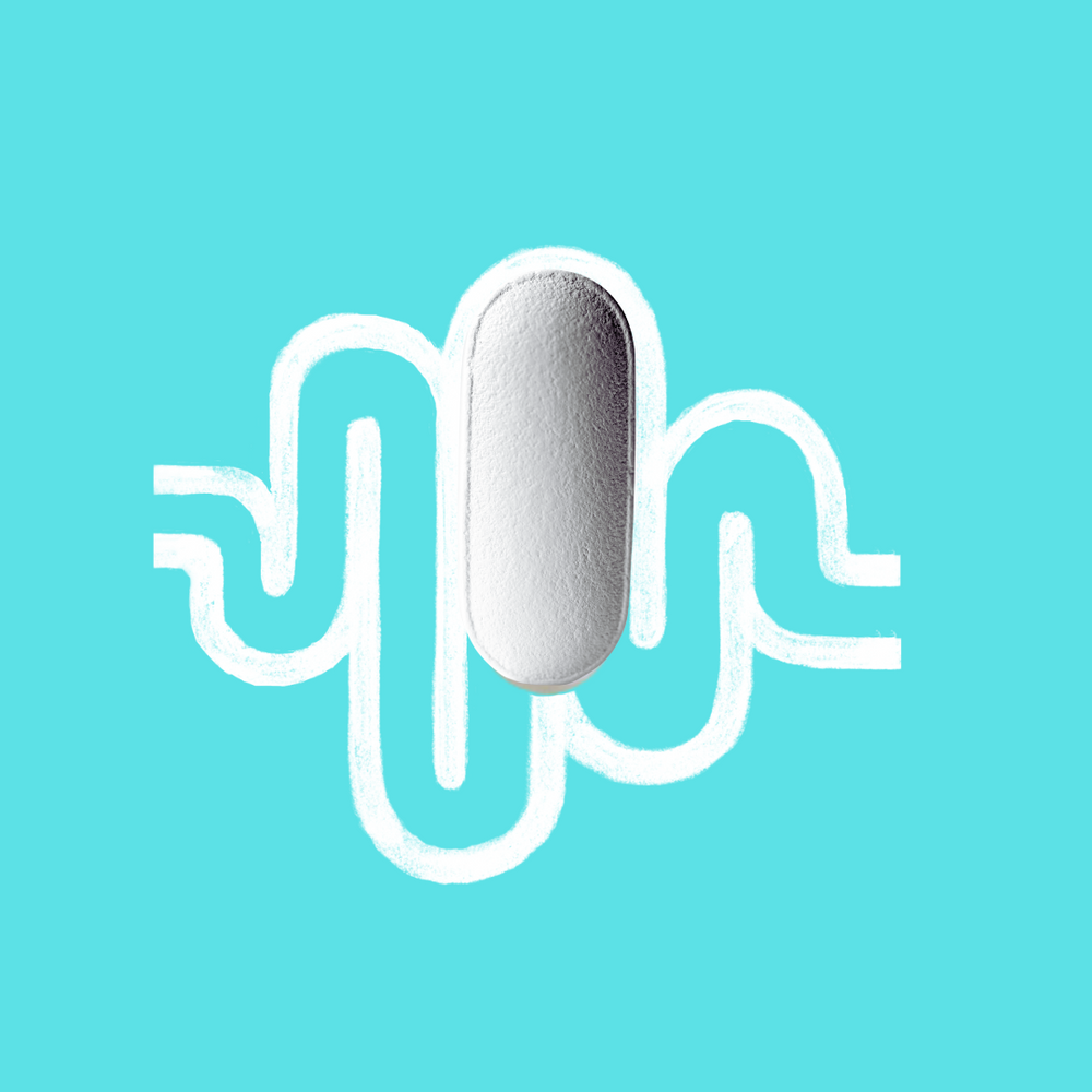 Stylized image of a white L-glutamine supplement tablet centered within a drawn intestine outline on a teal background, representing the amino acid's support for gut health and muscle recovery.