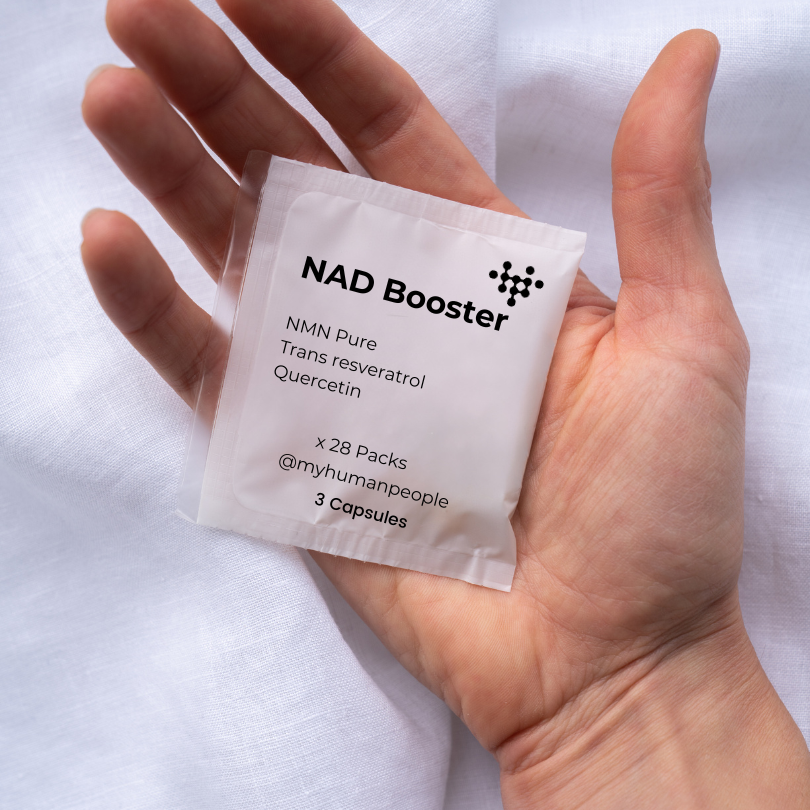 Hand holding a humanpeople supplement pack, The wrting says NMN Pure, trans resveratrol and quercetin