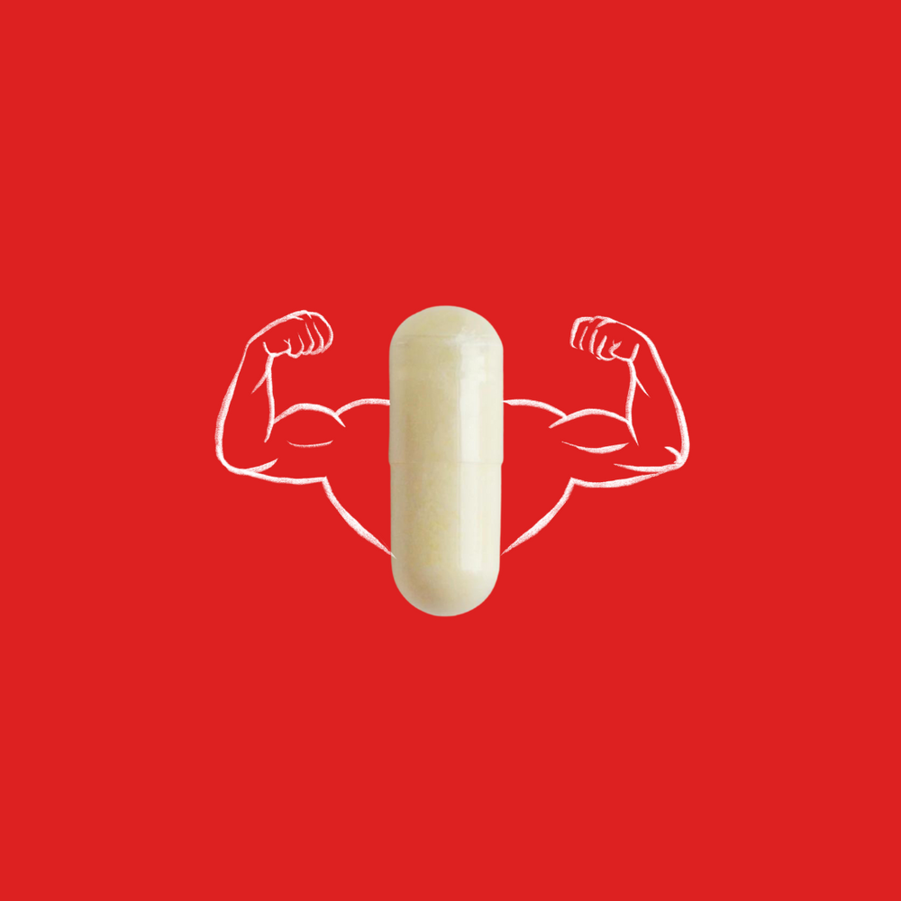 a white capsule of tongkat ali with sketched muscles on a red background.