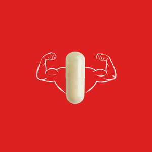 a white capsule of tongkat ali with sketched muscles on a red background.
